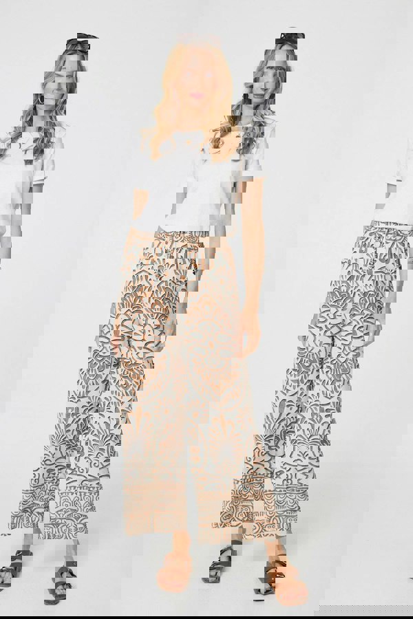 Beige | Printed High Waist Wide Leg Trousers