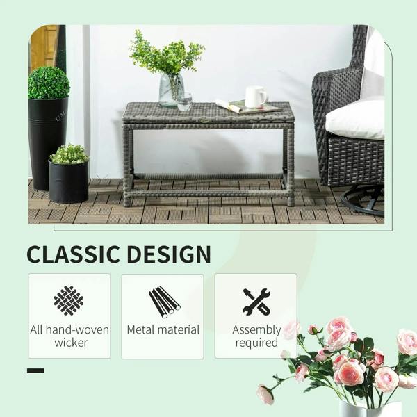 Grey woven rattan-look outdoor side table with rectangular frame and open lower shelf