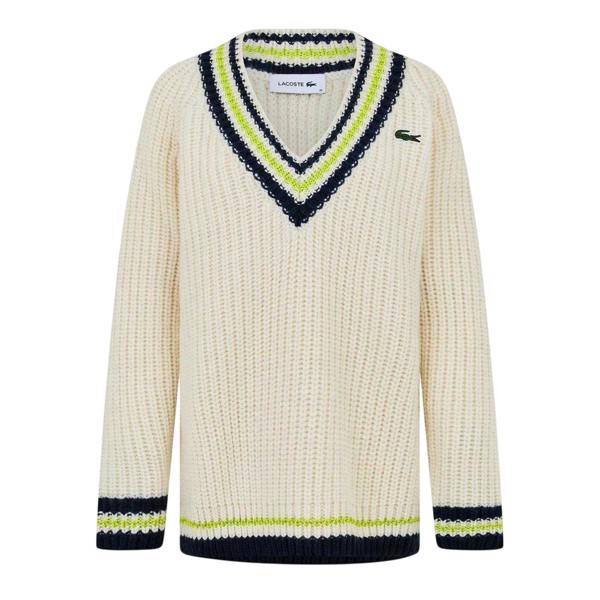 Lacoste Womens/Ladies Striped V Neck Relaxed Fit Sweater Top - Cream/Black - 