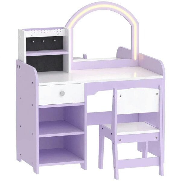 Kids Vanity Set, Kids Dressing Table with Stool, 2-Colour Lights Mirror, Pretend Dresser Gift for Ages 3-8, Purple