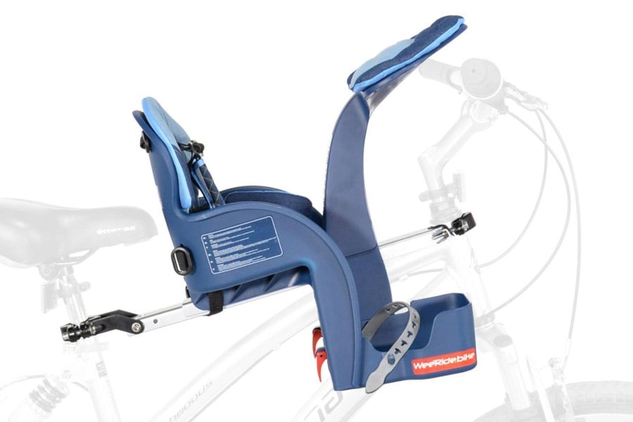 Beige Safe Front Deluxe baby bike seat mounted on bike