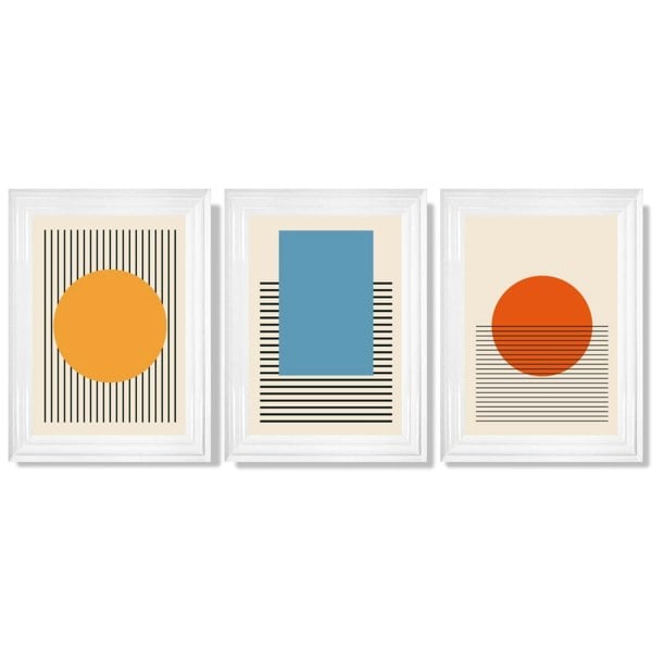 Set of 3 Geometric Yellow Blue Red Framed Art Prints with Glossy White Frames