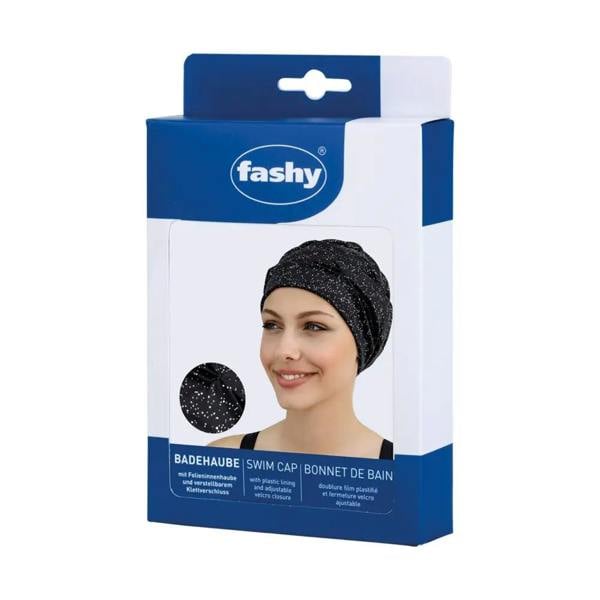 Fashy Sparkle fabric swim cap in black glitter with textured material and adjustable strap