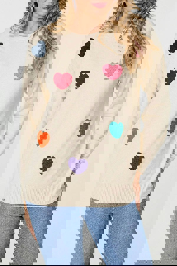 Beige | Heart Embellished Batwing Sleeve Jumper
