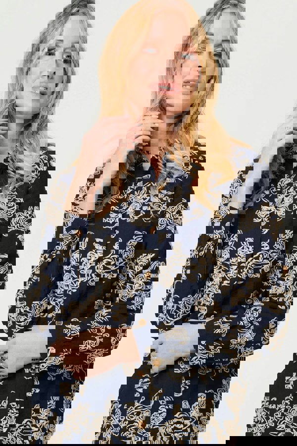 Navy | Floral Embroidered Long Sleeve Blouse
