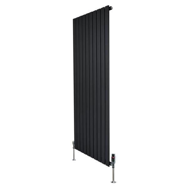 Flat single column radiator in sleek black finish, measuring 1600mm x 700mm, with modern valves and vertical design for stylish heating