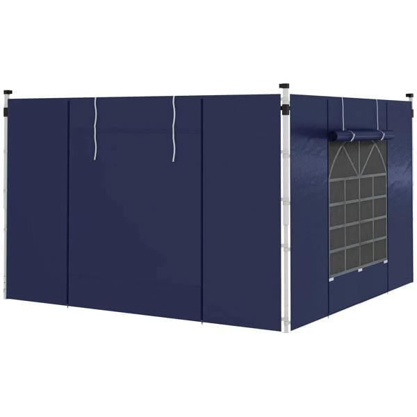 Blue gazebo side wall panels with central seam and tie loops