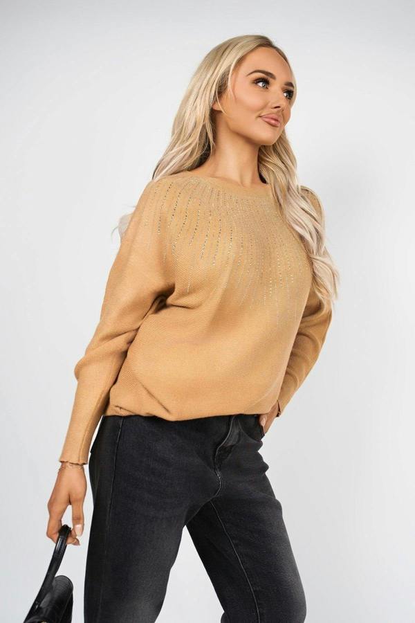 Haisley Long Sleeve Knitted Jumper With Embellished Neckline - Camel