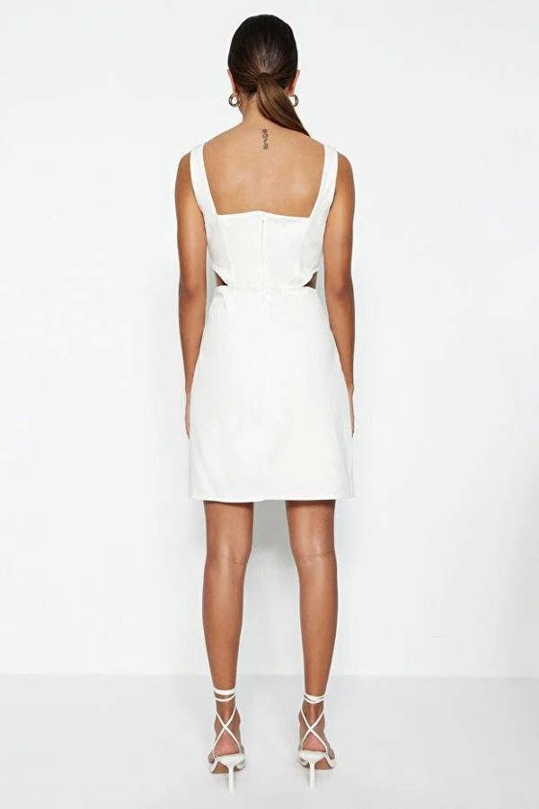 WOVCOR A-Line Mini Cotton Waist Cut-Out Square Neck Lined Woven Dress