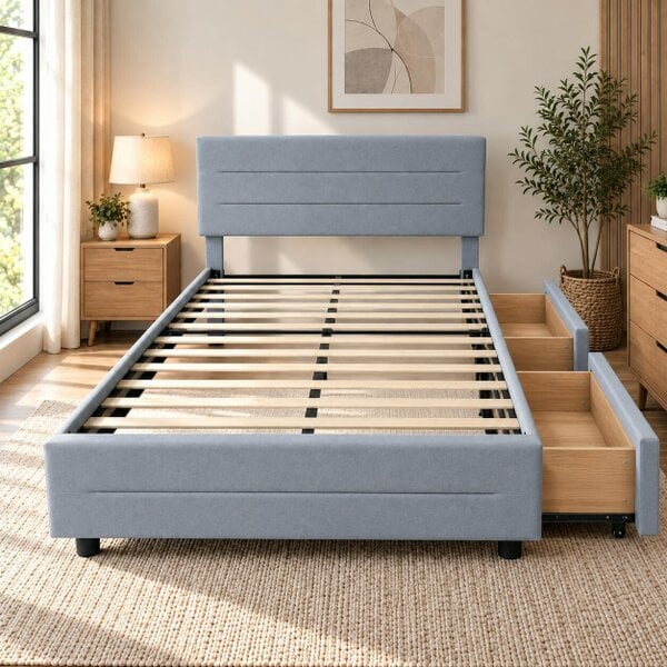 HOMEWEDO  Bed Frame with 2 Storage Drawers, Velvet Upholstered Headboard - Double  - Grey
