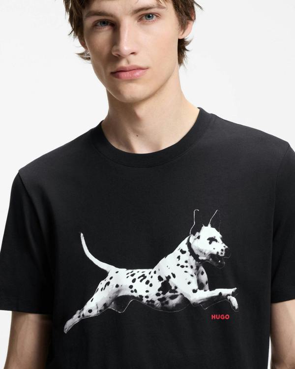 HUGO Dirunn Mens Cotton-Jersey T-Shirt with Animal Artwork - Black 001 | CHO | Designer Mens Short Sleeve T-Shirts