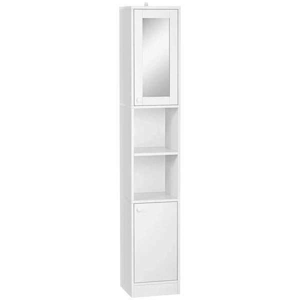 White tall bathroom storage cabinet with front mirror and two doors