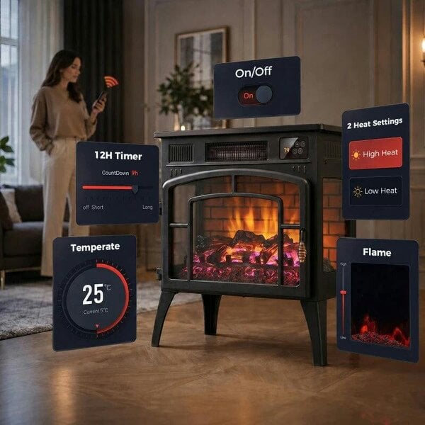 Smart Electric Fireplace Stove Log Burner, 3-Sided Glass WiFi Electric Fire Heater w/ 5-Colour Flame, Black