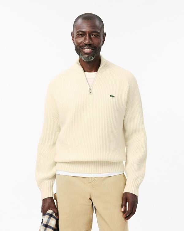 Lacoste High Zip Neck Thick Rib Knit Mens Wool Sweater - Lapland XFJ - CHO - Designer Mens Jumpers