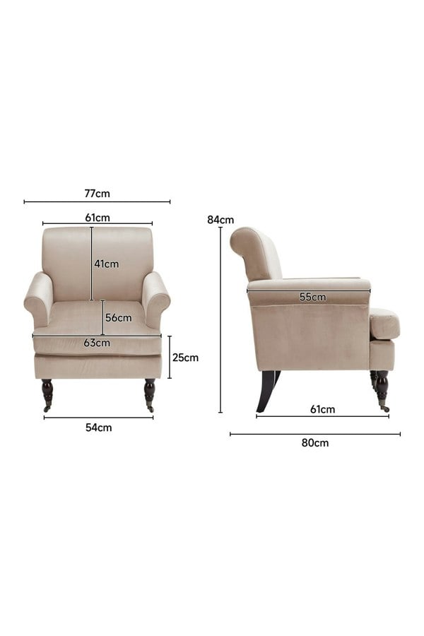 Living and Home Beige Soft Velvet Armchair with Gourd Shaped Castor Legs