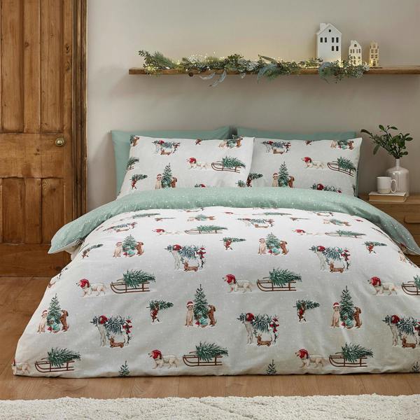 Catherine Lansfield Brushed Christmas Dogs Cotton Reversible Duvet Cover Set Green