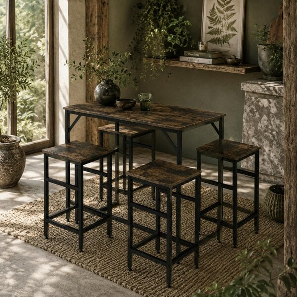 Wyld Haus Vimose Wooden Rustic Brown 5 Piece Breakfast Bar Table And Stool Set