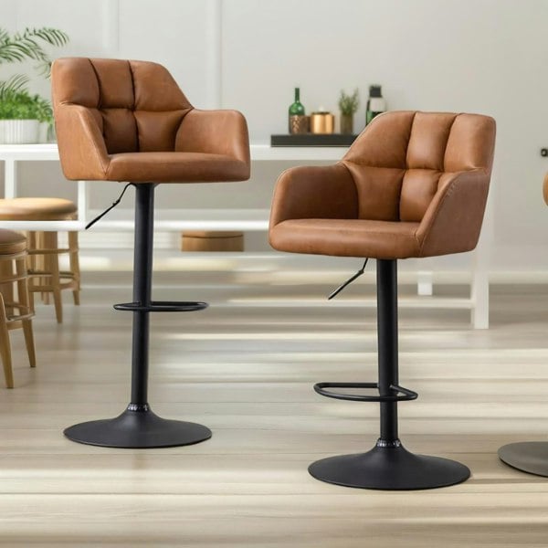 Rafaelo Mobilia 2PC Height Adjustable 360 PU Leather Swivel Bar Stools Set With Armrest Brown