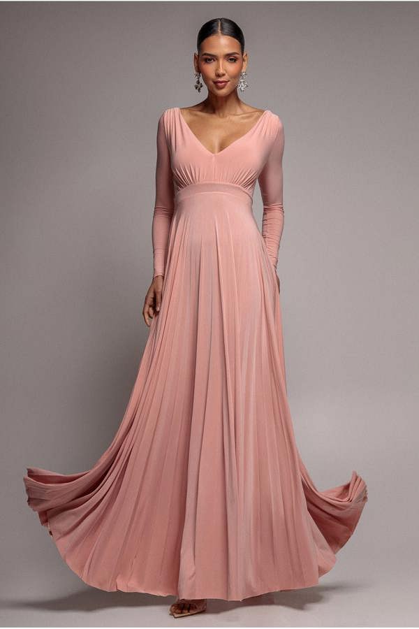 Plunge Neck Long Sleeve A Line Maxi Dress - Blush Pink DR2608