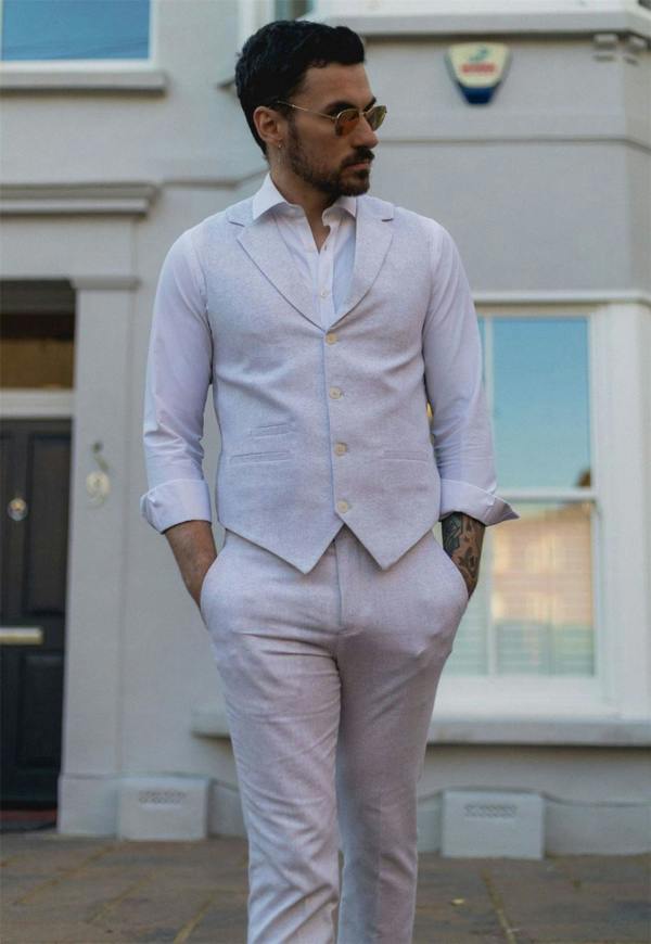 Infinity Leather Men's Summer 2 Piece Suit Linen Formal Grey Waistcoat Trousers