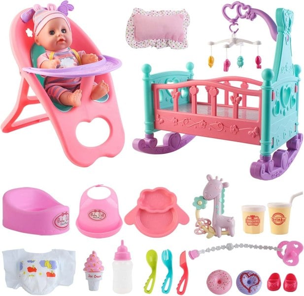 deAO Toys My First Baby Doll 15 Pieces Play Set with Miniature Crib Mobile High Chair Baby Doll Kids Toys
