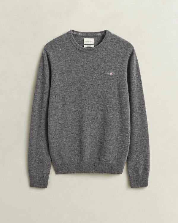 GANT Mens Superfine Lambswool Crew Neck Sweater - 90 Charcoal Melange | CHO | Designer Mens Crew Neck Jumpers