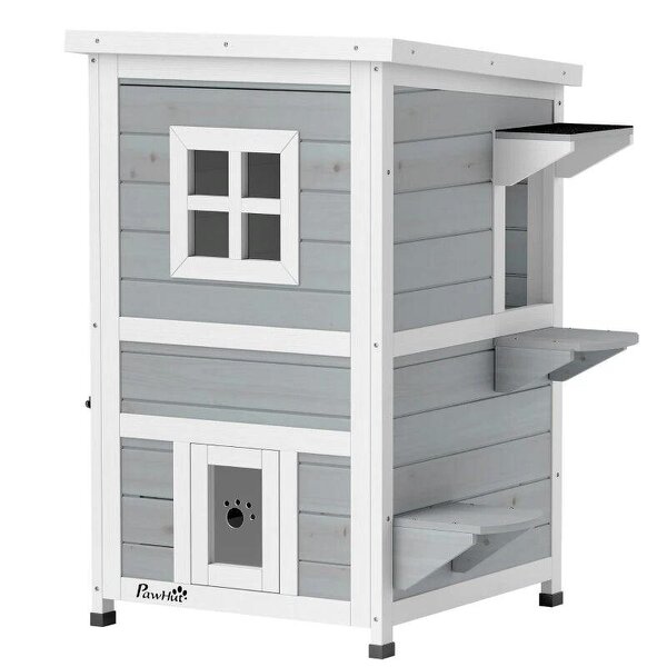 Wooden Cat House 2-Floor Outdoor Kitten Shelter with 3 Doors and Window Grey