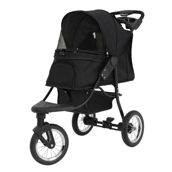 Black pet jogger with a spacious canopy, sturdy frame, and large wheels, designed for comfortable outdoor walks with pets