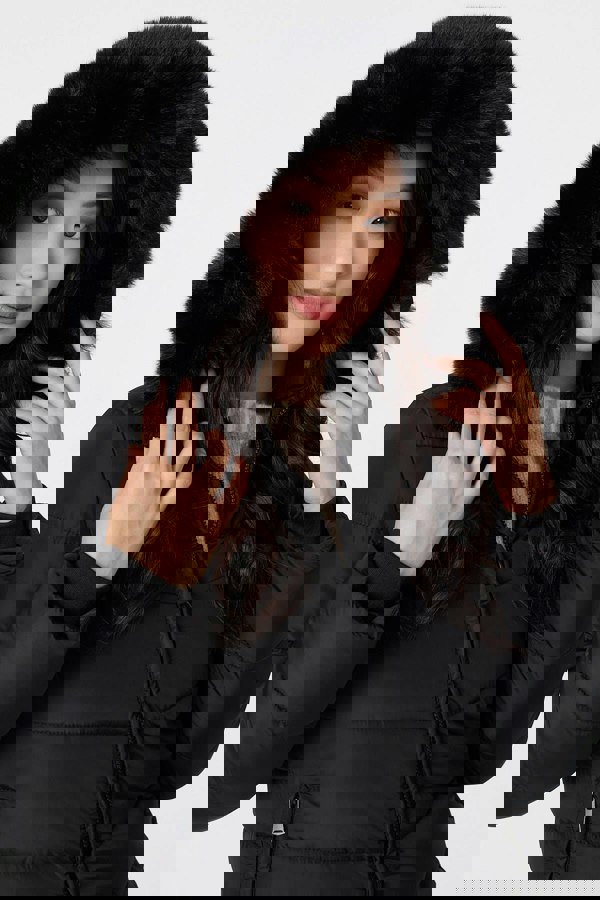 Black | Faux Fur Hooded Longline Puffer Jacket
