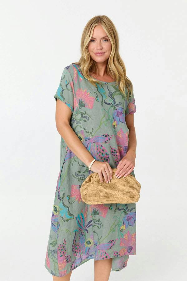 Sage | Floral Oversized Short Sleeve Midi Dress