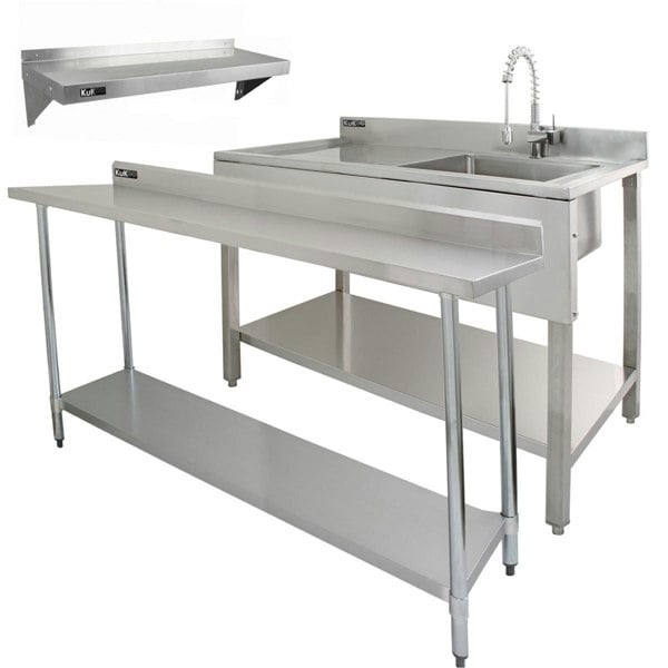 Kukoo 6ft Stainless Steel Catering Bench, Stainless Steel Sink - Left Hand Drainer & 2 x Wall Mounted Shelves