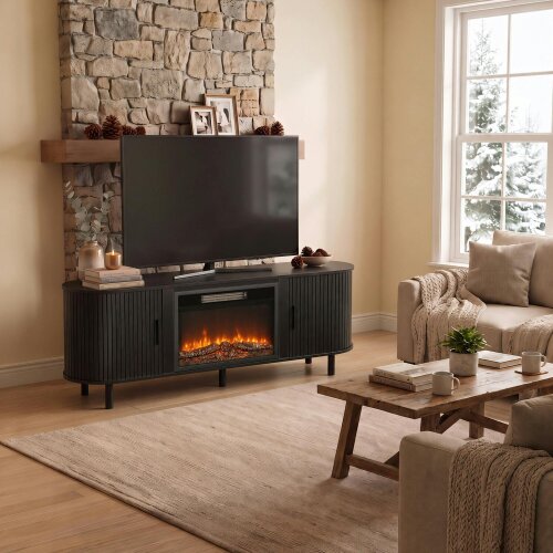 HOMCOM Electric Fireplace TV Stand for 70" TVs, 2 Storage Cupboards, Black