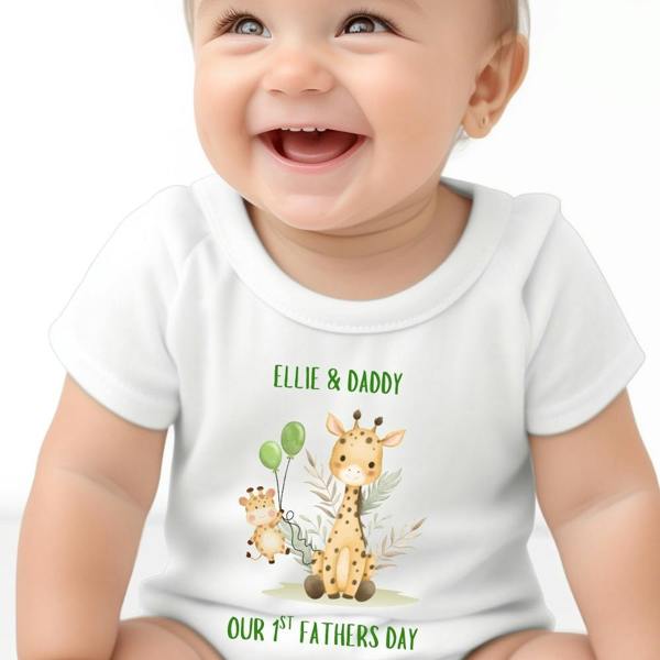 Personalised Our 1st Fathers Day Giraffe Baby Outfit: Bib, Vest, Baby Grow