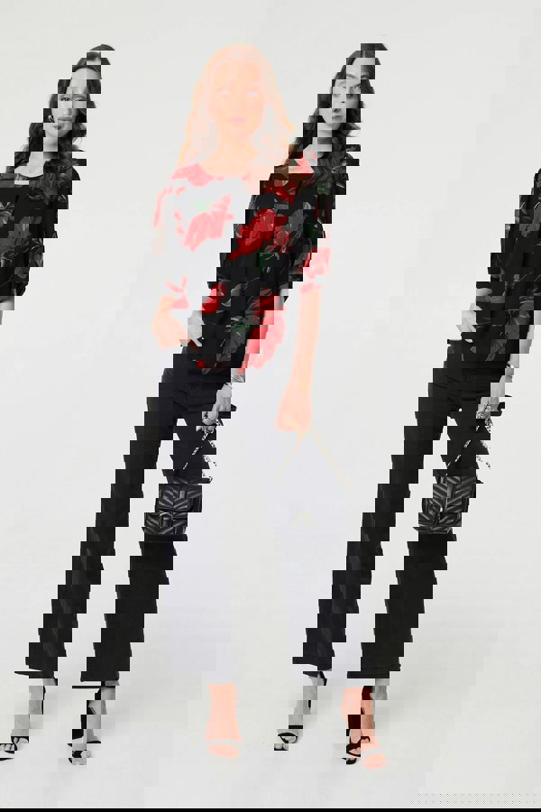 Red | Floral Semi Sheer Puff Sleeve Blouse
