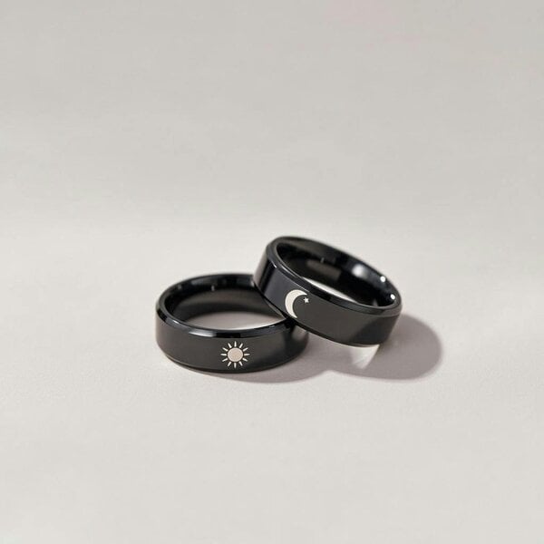 The Colourful Aura Black Band Matching Couple Moon and Sun Promise Ring set