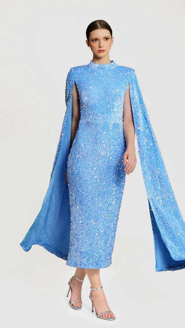 LuvForever Meraki - Sky Blue Cape Sleeve Sequin Midi Dress