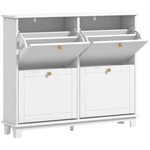 Slim white shoe storage cabinet with four flip drawers and open compartments