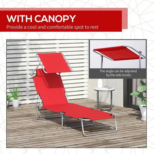 Red sun lounger with canopy shade and adjustable backrest on silver steel base