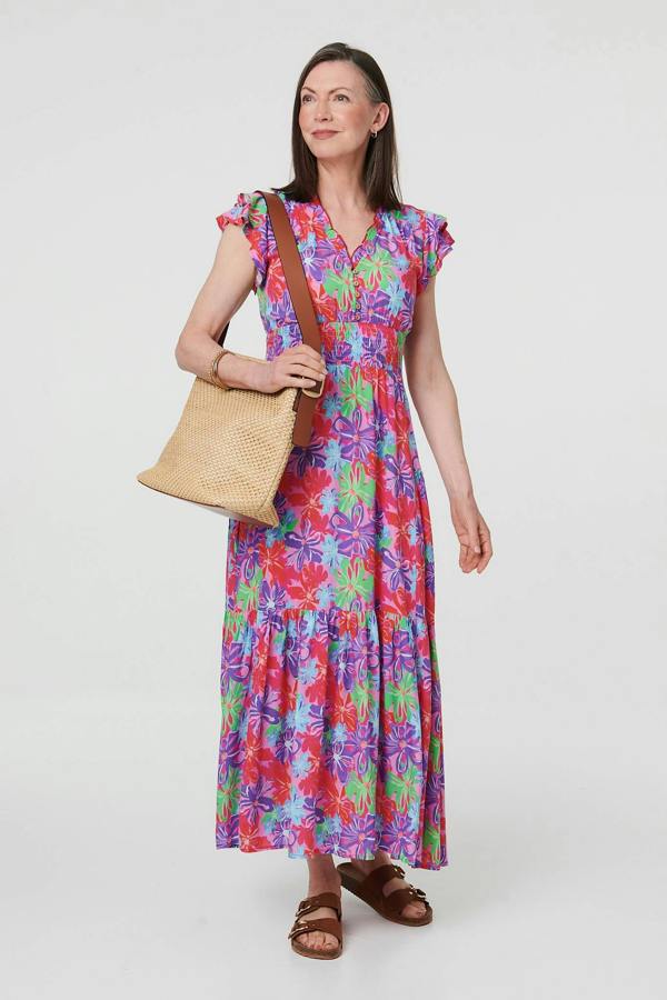 Red | Floral Cap Sleeve A-Line Maxi Dress