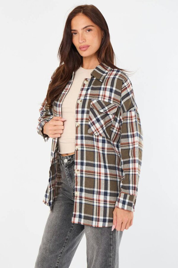 Elaina Fashion Oversized Checkered Shirt - Brown