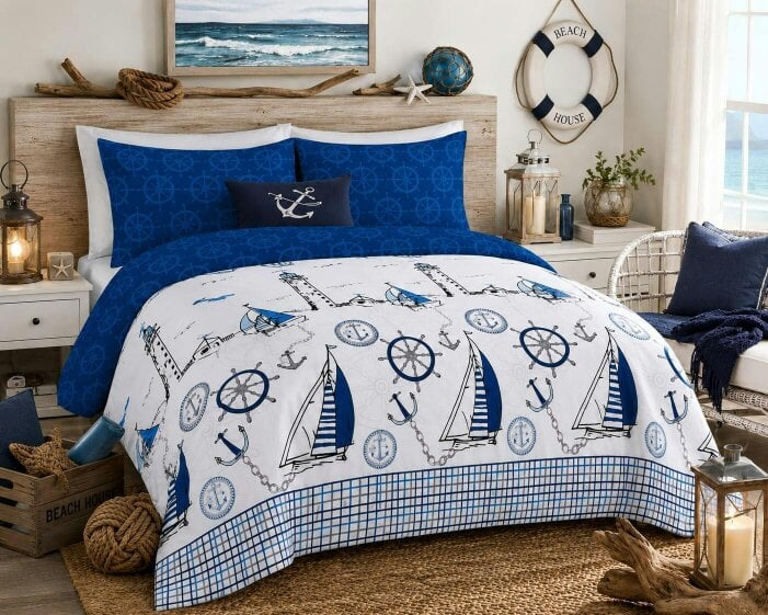 Night Zone Jake Sailor Coastal Ship Duvet Cover Set – Reversible Nautical Bedding with Pillowcases