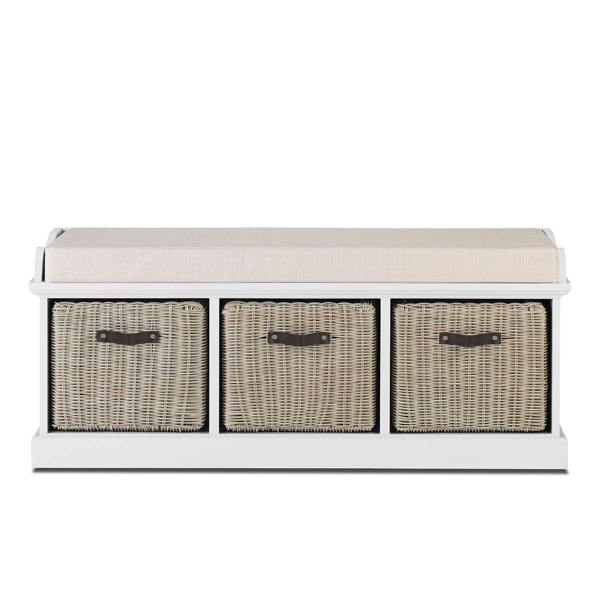 Statement Furniture Tetbury Bench with 3 Brown Rattan Storage Baskets and Cushion Seat