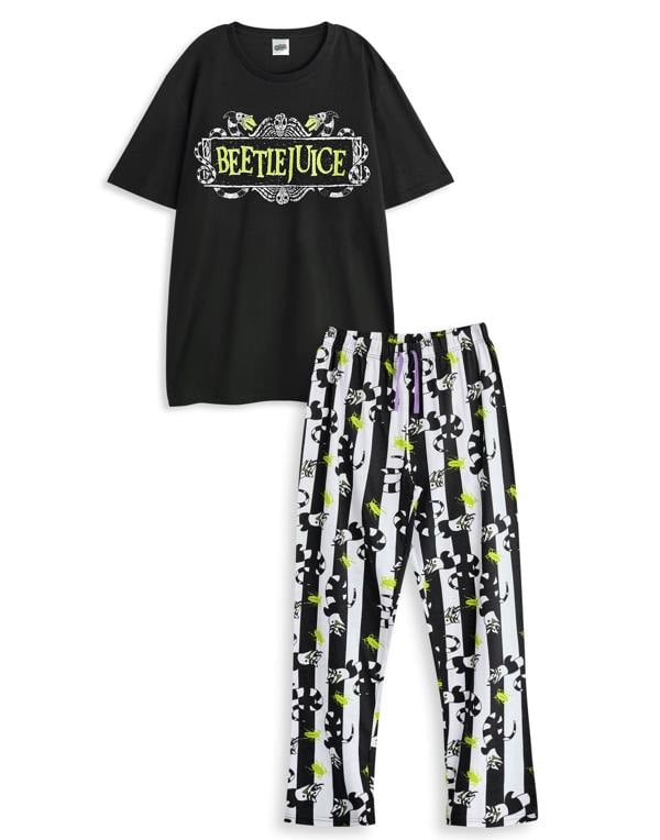 Beetlejuice Mens Black Logo Short Sleeve Long Leg Pyjama Set