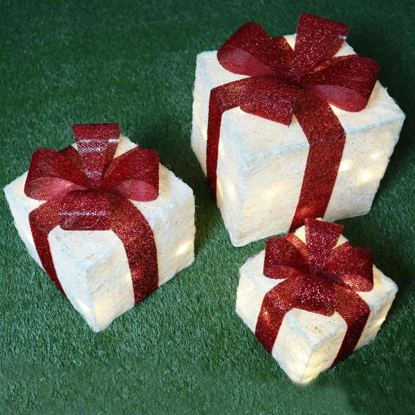 Set of 3 Cream Pre-Lit LED Glitter Rattan Christmas Parcel Decorations for Home Seasonal Displays image 2