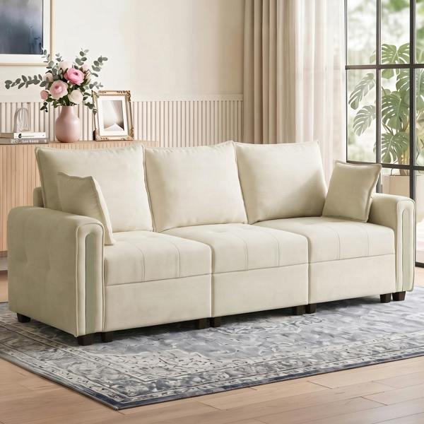 HOMCOM  3 Seater Sofa with Lift-Up Storage, 228 cm Velvet Couch, Beige