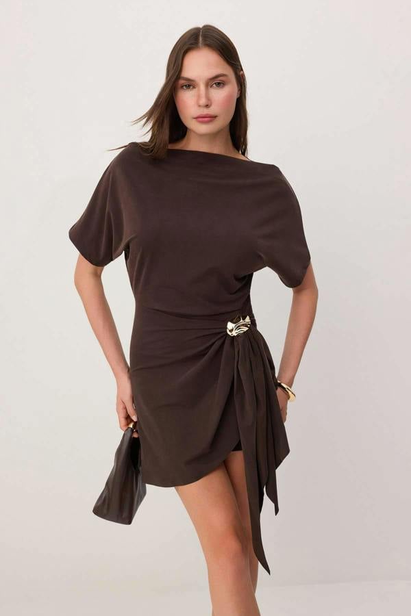 Premium Lyocell Boat Neck Drop Shoulder A-Line Mini Dress