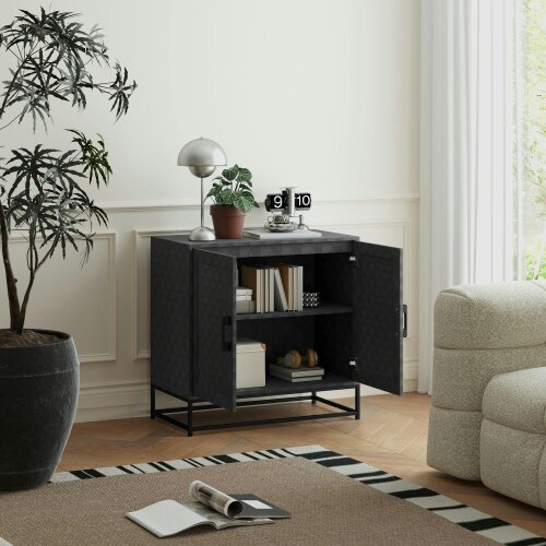 Wyld Haus Nelima Black Freestanding Retro Sideboard With Double Doors Geometric Pattern