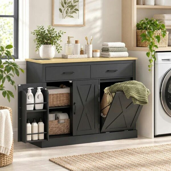 Tilt Out Trash Cabinet with Charging Station, Kitchen Island with Storage, 57 Liter Hidden Rubbish Bin Storage, Black