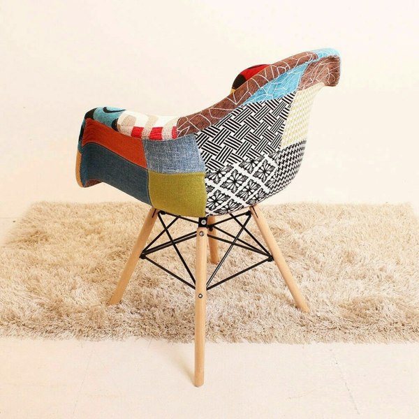 Life Interiors Single Colorful Patchwork Tub Accent Chair, Wooden Legs & Metal Wire Frame, Mid Century Modern Dining Chair