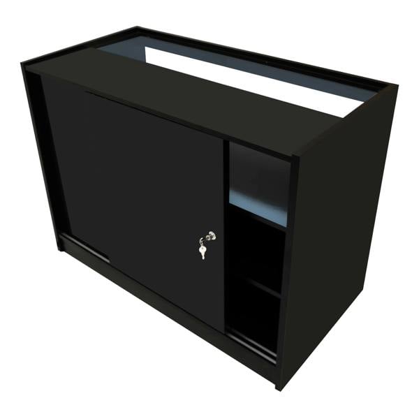 Polaris LED Shop Counter Set in sleek black, featuring a sliding door, open shelving, and a smooth, glossy finish for modern retail spaces